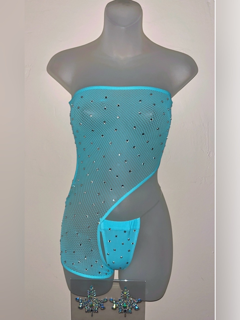 Exotic Dancewear: Baby Blue jumpsuit with Rhinestones & pasties